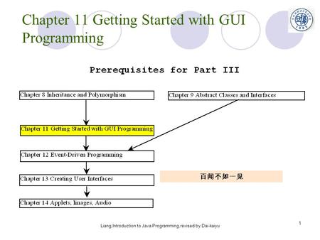 Liang,Introduction to Java Programming,revised by Dai-kaiyu 1 Chapter 11 Getting Started with GUI Programming 百闻不如一见.