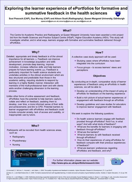 Exploring the learner experience of ePortfolios for formative and summative feedback in the health sciences Susi Peacock (CAP), Sue Murray (CAP) and Alison.