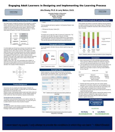 Engaging Adult Learners in Designing and Implementing the Learning Process Alia Sheety, Ph.D. & Larry Melton, Ed.D. Graduate Studies in Education 610 King.