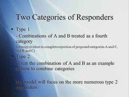 Two Categories of Responders  Type 1 - Combinations of A and B treated as a fourth category (strategy evident in complete rejection of proposed categories.