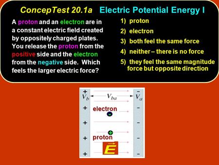 ConcepTest 20.1aElectric Potential Energy I ConcepTest 20.1a Electric Potential Energy I 1) proton 2) electron 3) both feel the same force 4) neither –