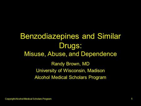 1 Benzodiazepines and Similar Drugs: Misuse, Abuse, and Dependence Randy Brown, MD University of Wisconsin, Madison Alcohol Medical Scholars Program Copyright.