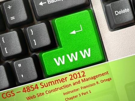 CGS – 4854 Summer 2012 Web Site Construction and Management Instructor: Francisco R. Ortega Chapter 3 Part 1.