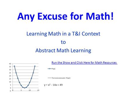 Any Excuse for Math! Learning Math in a T&I Context to Abstract Math Learning Run the Show and Click Here for Math Resources.