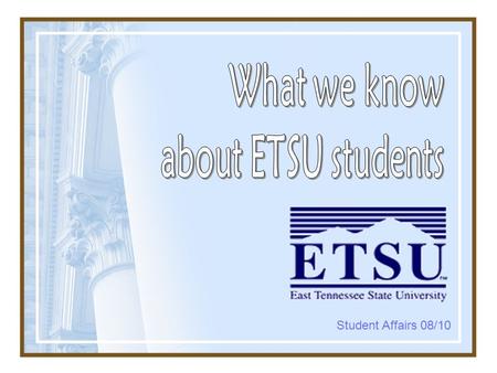 Student Affairs 08/10. Enrollment 11,648 undergraduate students –9,855 Full Time –1,793 Part Time 2,222 graduate students –1,237 Full Time – 985 Part.