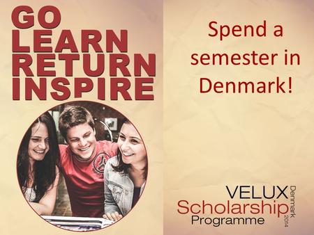 Spend a semester in Denmark!. VELUX Scholarship Programme  The scholarship programme is for talented, but financially disadvantaged young people (full-time.