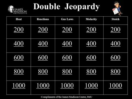 Double Jeopardy HeatReactionsGas LawsMolarityStoich 200 400 600 800 1000 Compliments of the James Madison Center, JMU.