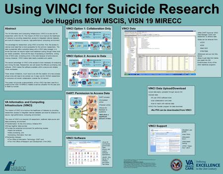 Using VINCI for Suicide Research Joe Huggins MSW MSCIS, VISN 19 MIRECC Abstract The VA Informatics and Computing Infrastructure (VINCI) is a new tool for.