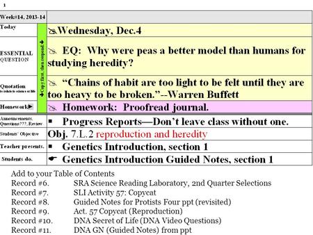 1 Add to your Table of Contents Record #6.SRA Science Reading Laboratory, 2nd Quarter Selections Record #7.SLI Activity 57: Copycat Record #8.Guided Notes.