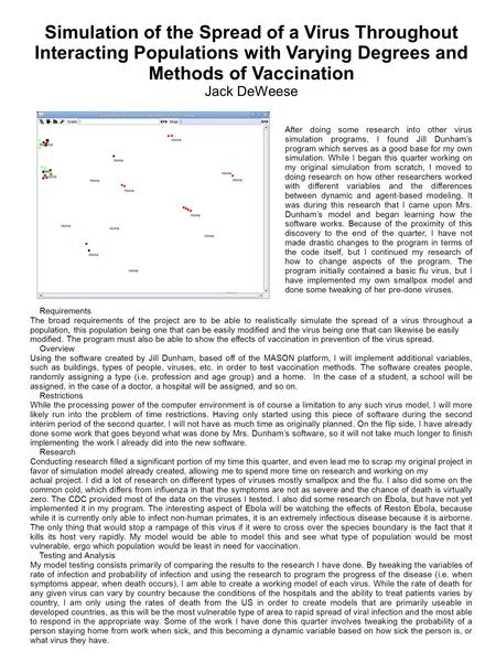 Simulation of the Spread of a Virus Throughout Interacting Populations with Varying Degrees and Methods of Vaccination Jack DeWeese After doing some research.