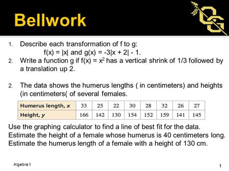  Describe each transformation of f to g: f(x) = |x| and g(x) = -3|x + 2| - 1.  Write a function g if f(x) = x 2 has a vertical shrink of 1/3 followed.