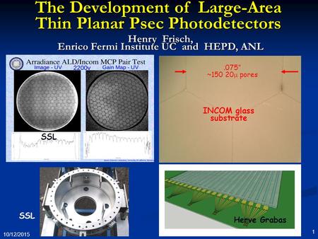 10/12/2015 1 The Development of Large-Area Thin Planar Psec Photodetectors.075” ~150 20  pores INCOM glass substrate SSL Herve Grabas Henry Frisch, Enrico.