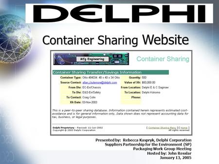 Container Sharing Website Presented by: Rebecca Kaspryk, Delphi Corporation Suppliers Partnership for the Environment (SP) Packaging Work Group Meeting.