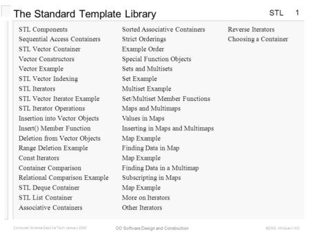 STL OO Software Design and Construction Computer Science Dept Va Tech January 2000 ©2000 McQuain WD 1 The Standard Template Library STL Components Sequential.