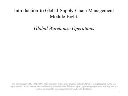 Introduction to Global Supply Chain Management Module Eight: Global Warehouse Operations 1.