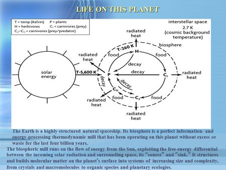 The Earth is a highly structured natural spaceship. Its biosphere is a perfect information- and energy-processing thermodynamic mill that has been operating.