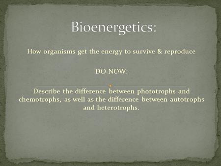 How organisms get the energy to survive & reproduce DO NOW: Describe the difference between phototrophs and chemotrophs, as well as the difference between.