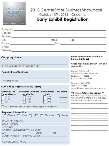 2013 CenterState Business Showcase October 17 th, 2013 – Oncenter Early Exhibit Registration Company _____________________________________________________________________________.