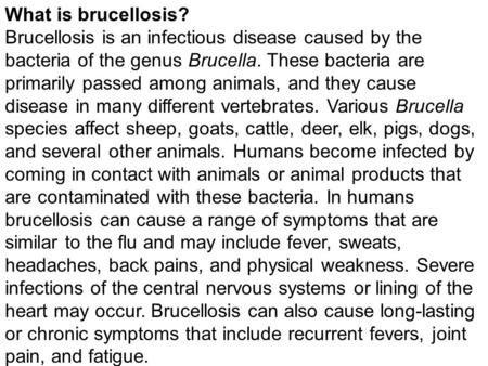 What is brucellosis? Brucellosis is an infectious disease caused by the bacteria of the genus Brucella. These bacteria are primarily passed among animals,