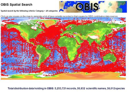 Total distribution data holding in OBIS: 5,253,721 records, 50,932 scientific names, 38,012 species Under-sampled Regions.