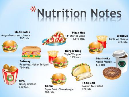 McDonalds Angus bacon and cheese 790 cals. Subway Footlong Chicken Teriyaki 760 cals. KFC Crispy Chicken 580 cals. Pizza Hut 14” Stuffed Crust 1,640 cals.