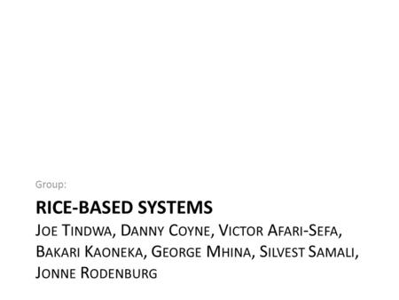 RICE-BASED SYSTEMS J OE T INDWA, D ANNY C OYNE, V ICTOR A FARI -S EFA, B AKARI K AONEKA, G EORGE M HINA, S ILVEST S AMALI, J ONNE R ODENBURG Group: