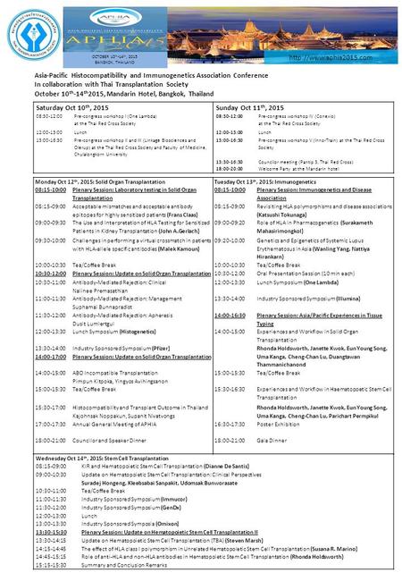 OCTOBER 10 th -14 th, 2015 BANGKOK, THAILAND Asia-Pacific Histocompatibility and Immunogenetics Association Conference In collaboration with Thai Transplantation.