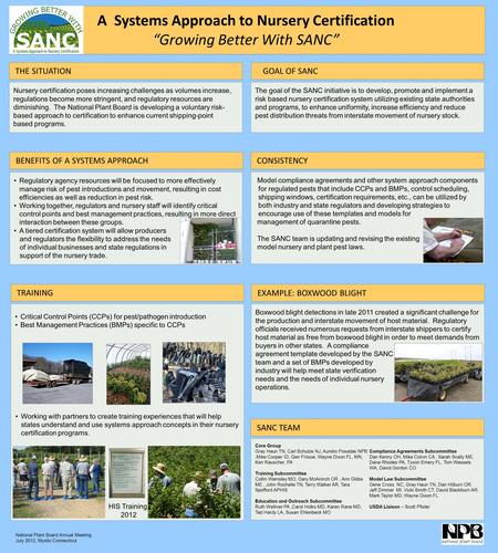 A Systems Approach to Nursery Certification “Growing Better With SANC” Model compliance agreements and other system approach components for regulated pests.