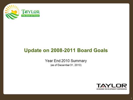 Confidential © 2009 City of Taylor, TX. All rights reserved. 1 Update on 2008-2011 Board Goals Year End 2010 Summary (as of December 31, 2010)