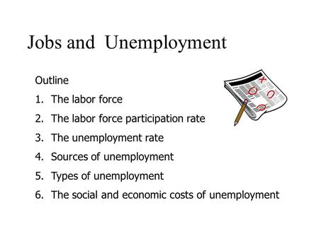 Jobs and Unemployment Outline 1.The labor force 2.The labor force participation rate 3.The unemployment rate 4.Sources of unemployment 5.Types of unemployment.