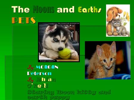 The Moons and Earths PETS By. MO R G A N PetersonPetersonPetersonPeterson By. R h i a n O’NeillO’NeillO’NeillO’Neill Staring Moon kitty and earth puppy.