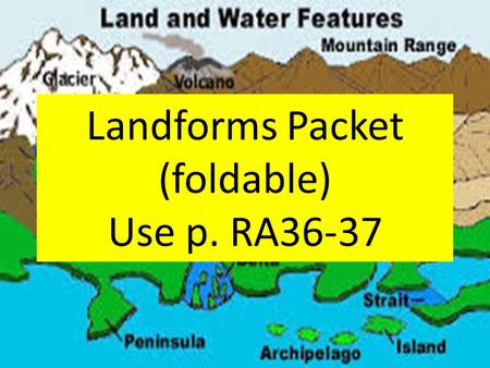 Landforms Packet (foldable) Use p. RA36-37. Mountain Volcano These are the only descriptions that should be visible Naturally formed features on the surface.