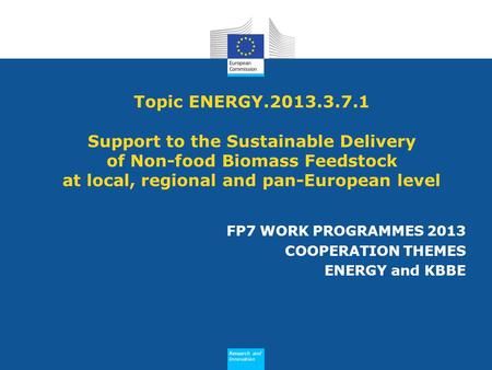 Research and Innovation Topic ENERGY.2013.3.7.1 Support to the Sustainable Delivery of Non-food Biomass Feedstock at local, regional and pan-European level.