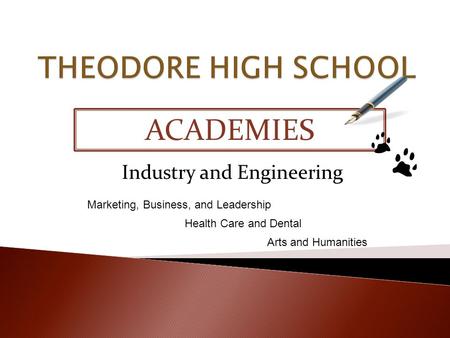 ACADEMIES Industry and Engineering Marketing, Business, and Leadership Health Care and Dental Arts and Humanities.