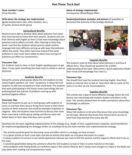 Part Three: Try It Out! Team member’s name: Emily Herndon Name of strategy implemented: Consequence Wheel/Ripple Effect With whom the strategy was implemented.