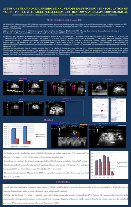 STUDY OF THE CHRONIC CEREBRO-SPINAL VENOUS INSUFFICIENCY IN A POPULATION OF YOUNG PEOPLE WITH MULTIPLE SCLEROSIS BY HEMODYNAMIC MAP MORPHOLOGICAL S. MANDOLESI;