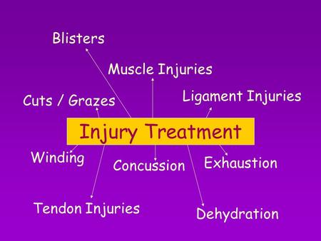 Injury Treatment Blisters Concussion Cuts / Grazes Exhaustion Dehydration Ligament Injuries Tendon Injuries Winding Muscle Injuries.