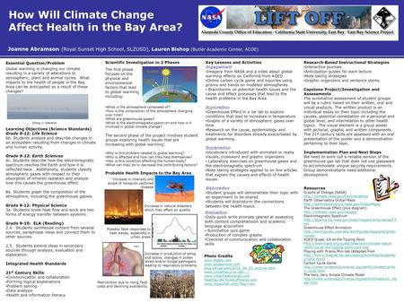 Joanne Abramson (Royal Sunset High School, SLZUSD), Lauren Bishop (Butler Academic Center, ACOE) How Will Climate Change Affect Health in the Bay Area?