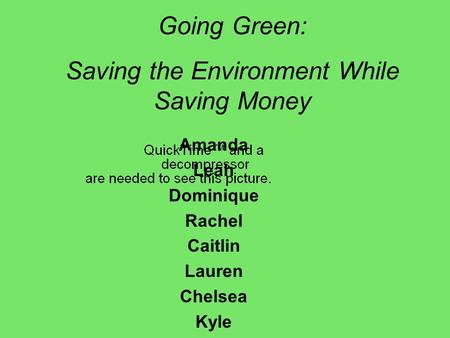 Amanda Leah Dominique Rachel Caitlin Lauren Chelsea Kyle Going Green: Saving the Environment While Saving Money.