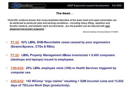 ASEP Ergonomic support development Fall 2002 The Need... “Scientific evidence shows that musculoskeletal disorders of the lower back and upper extremities.