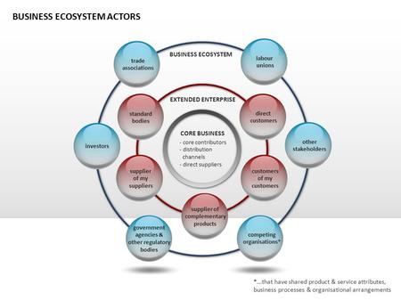 CORE BUSINESS - core contributors - distribution channels - direct suppliers EXTENDED ENTERPRISE standard bodies supplier of my suppliers supplier of complementary.