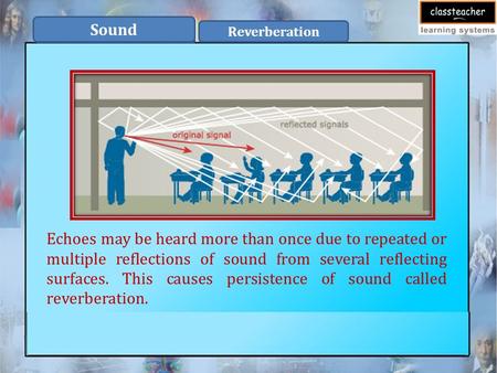 Sound Reverberation Echoes may be heard more than once due to repeated or multiple reflections of sound from several reflecting surfaces. This causes persistence.