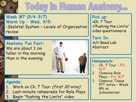 Week #7 (9/4-9/7) Warm Up – Wed, 9/5: -Skeletal System – Levels of Organization review Pick up:  Ch. 7 Tour  “Pushing the Limits” video questionnaire.