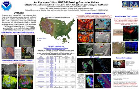 Poster 1.66 An Update on CIRA’s GOES-R Proving Ground Activities Ed Szoke 1,2, Renate Brummer 1, Hiro Gosden 1, Steve Miller 1, Mark DeMaria 3, Dan Lindsey.