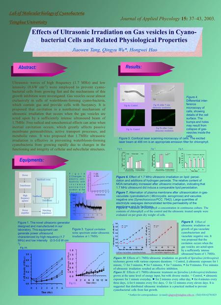 Journal of Applied Phycology 15: 37–43, 2003. Lab of Molecular biology of Cyanobacteria Tsinghua Univerisity Abstract:Results:Equipments: Effects of Ultrasonic.