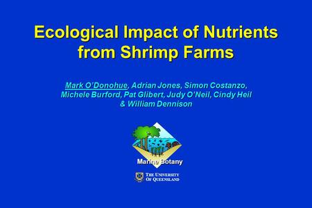 Ecological Impact of Nutrients from Shrimp Farms Mark O’Donohue, Adrian Jones, Simon Costanzo, Michele Burford, Pat Glibert, Judy O’Neil, Cindy Heil &