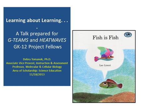 Learning about Learning.... A Talk prepared for G-TEAMS and HEATWAVES GK-12 Project Fellows Debra Tomanek, Ph.D. Associate Vice Provost, Instruction &