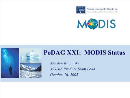 PoDAG XXI: MODIS Status Marilyn Kaminski MODIS Product Team Lead October 16, 2003.