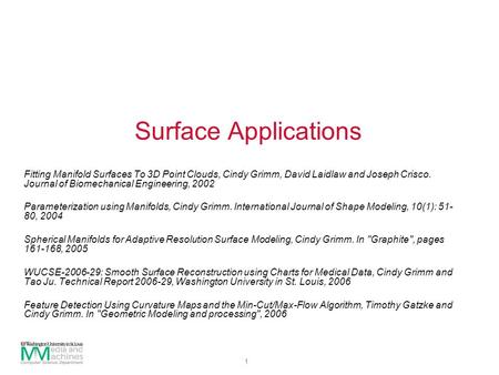 1 Surface Applications Fitting Manifold Surfaces To 3D Point Clouds, Cindy Grimm, David Laidlaw and Joseph Crisco. Journal of Biomechanical Engineering,