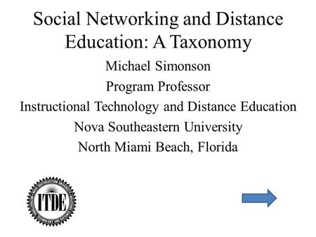 Social Networking and Distance Education: A Taxonomy Michael Simonson Program Professor Instructional Technology and Distance Education Nova Southeastern.